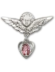 Sterling Silver Baby Badge with Blue Heart/Miraculous Charm and Angel w/Wings Badge Pin