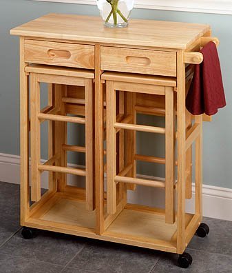 Breakfast Bar Cart Set with Drop-Leaf Table and 2 Stools