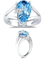 0.03 Cts Diamond & 2.50 Cts Swiss Blue Topaz Ring in 14K White Gold