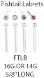 14G AND 16G FISHTAIL LABRETS WITH GEM FTLB14G - 14G STEEL