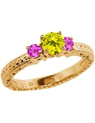 0.81 Ct Round Canary Diamond Pink Sapphire 18K Yellow Gold 3-Stone Ring