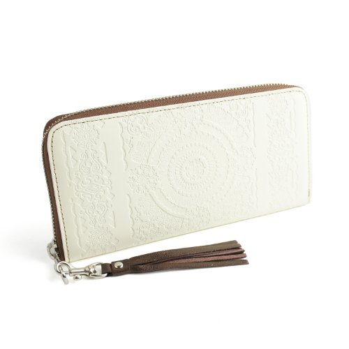 [パッカパッカ] pacca pacca 日本製 本革 長財布 ラウンドファスナー アラベスク 馬革 牛革 (ホワイト／チョコ) [ウェア&シューズ]