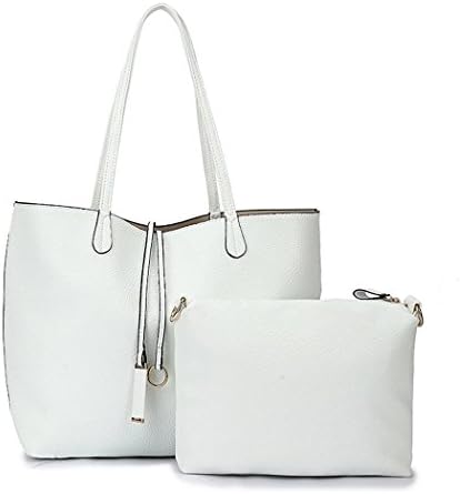 Mulanna Women's 2 Piece PU Leather Pebble Grain Travel Medium Solid Color Tote Bag Set White