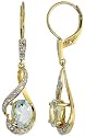14k Yellow Gold 1 1/4" (31mm) tall Lever Back Dangle Earrings, w/ 0.13 Carat Brilliant Cut Diamonds & 1.50 Carats 7x5mm Oval Cut Aquamarine Stones