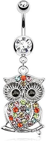 (1pc) Multi Color Gemmed Owl on Branch Dangle Navel Ring 316L Surgical Steel