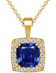 14K Yellow Gold Cushion Cut Blue Sapphire And Round Diamond Pendant (GIA Certificate)