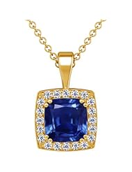 18K Yellow Gold Cushion Cut Blue Sapphire And Round Diamond Pendant (GIA Certificate)