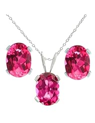 3.00 Ct Oval 7X5mm Pink Topaz Sterling Silver Earrings Pendant Set W/18" Chain