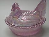 5" Clear Pink Carnival Glass Hen on Nest Wooven Base