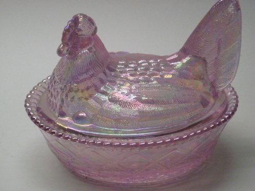5" Clear Pink Carnival Glass Hen on Nest Wooven Base