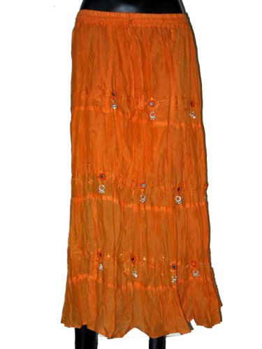 Womens Bohemain Style Fashion Skirt in Tangelo Orange with Sequin Bell Cotton 32