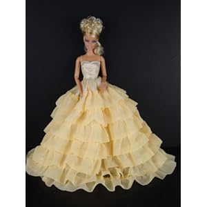 Soft Yellow Long Gown with Layers of Ruffle Details Made to Fit the Barbie Doll