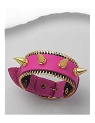Deep Pink Leather Bracelet In Brass