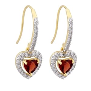 18k Yellow Gold Plated Sterling Silver Garnet and Diamond Accent Heart Drop Earrings