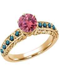 1.20 Ct Round Pink and Blue Diamond 925 Yellow Gold Plated Silver Ring