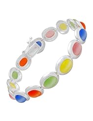 Sterling Silver Simulated Multicolor Cat Eyes Link Bracelet. 7 Inches