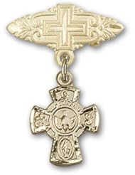 Gold Filled Baby Badge with 5-Way Charm and Badge Pin with Cross