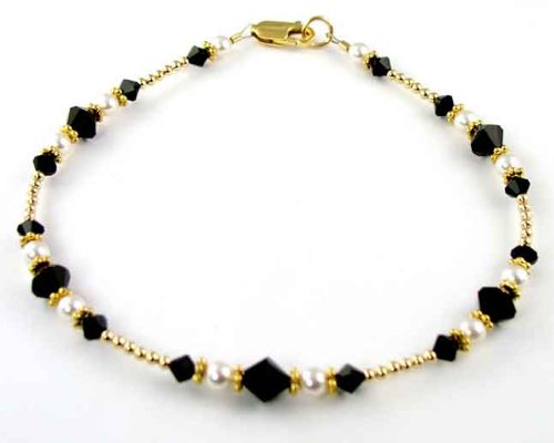 41upcAcddBL Black 14kt Gold Filled Beaded Swarovski Crystal Anklets   Adjustable Ankle Bracelets