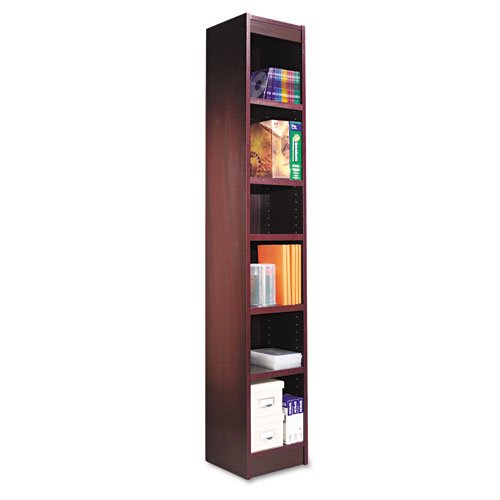 Alera Narrow Profile Bookcase, Finished Back, Wood Veneer, 6-Shelf, 12 W by 12 D by 72 H, Mahogany