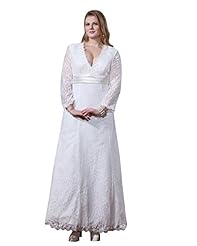 A-line V-neck Ankle Length Floor Length Long Sleeves Lace Natural   Waistline  Dress
