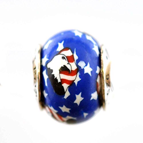 American Flag with Eagle Stars and Stripes Support the Troops Awareness Bead Charm for Add-A-Bead Bracelets Clay & Sterling Silver by MAYselect SIZE Large