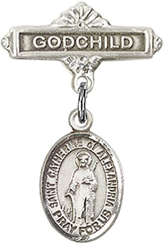 Sterling Silver Baby Badge with St. Catherine of Alexandria Charm and Godchild Badge Pin