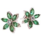 Marquise Shape Emerald and Diamond Cluster Stud Earring, 14k White Gold (T.w 2.65)