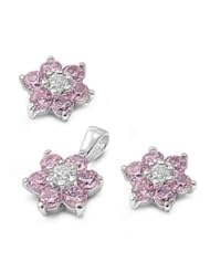 Sterling Silver Nature Flower Pendant with Earrings Jewelry Set with Pink and Clear CZ