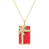 10k Yellow Gold Diamond & Red Enamel Gift Box Pendant (.03cttw, I-J Color, I2-I3 Clarity), 18″
