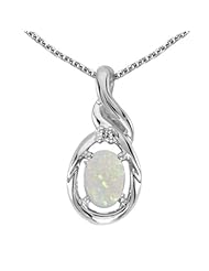 14k White Gold Oval Opal And Diamond Pendant with 18" Chain