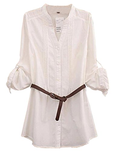 Ziweiba レディース 白い ブラウス チュニック シャツ 大きい ロング丈 Vネック ベルト付き