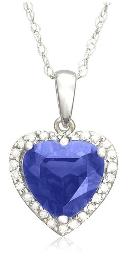 10k White Gold, September Birthstone, Created Ceylon Sapphire and Diamond Heart Pendant