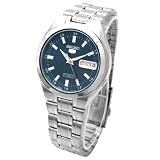 【日本製逆輸入SEIKO5】セイコー5 デイデイトカレンダー搭載 メンズ自動巻き式腕時計 ネイビー×ブルーグレーダイアル シルバーステンレスベルト SNKG21J1の画像