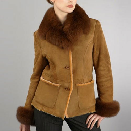 Women's Fox Fur Trim Lamb Shearling Coat
