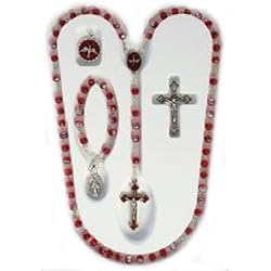 Confirmation Gift Set - Rosary - 5mm Red Beads - Length: 18" - Finger Rosary - Crucifix Pendant - Holy Spirit Pendant - IMPORTED FROM ITALY