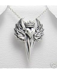 925 St Sterling Silver Dagger Sacred Heart Crown Angel Wings Jewelry 1 1/4 x 1 inches With A Beautiful Heavily Plated St Silver Chain