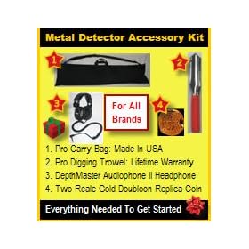 Metal Detector Accessory Kit (Gold Value Kit): Includes DepthMaster Audiophone II Metal Detector Headphone, Pro Digging Trowel, Pro Carry Bag and a Two Reale Gold Doubloon Replica Coin.