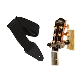 String Swing Wood Guitar Wall Hanger, OAK with Bonus Guitar Strap, BLACK by 