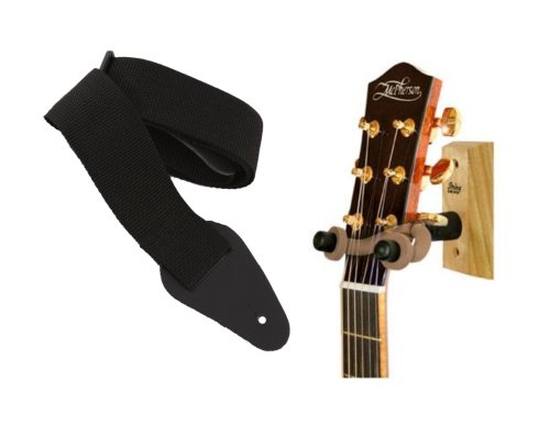 String Swing Wood Guitar Wall Hanger, WALNUT with Bonus Guitar Strap, BLACK