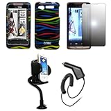 IMAGE OF EMPIRE Black with Multi Color Zebra Stripes Design Hard Case Cover + 360 Degree Rotatable Car Windshield Mount with Air Vent Attachment + Mirror Screen Protector + Car Charger (CLA) for Verizon HTC Merge 6325