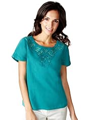 Per Una Linen Blend Embroidered Neck Embellished Blouse