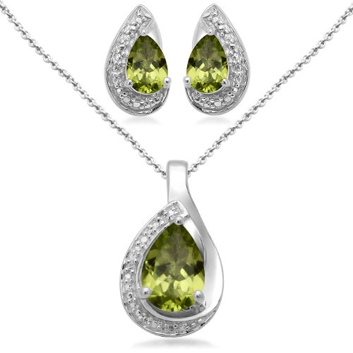 Sterling Silver Pear Peridot and Diamond Ring, Pendant, Earring Box Set, Size 7