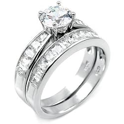Sterling Silver Cubic Zirconia CZ Wedding Engagement Ring Set Sz 9