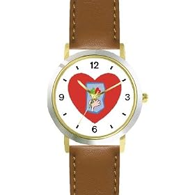 Red Heart - Red Heart Shaped Flower and Hand (Cartoon) - Love & Friendship - WATCHBUDDY® DELUXE TWO-TONE THEME WATCH - Arabic Numbers - Brown Leather Strap-Women's Size-Small