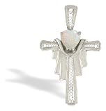 14K White Gold Genuine Heart Opal and Diamond Cross Pendant