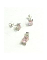 TOC 925 Sterling Silver Rose Pink Asscher Cut Pendant and Earring Set