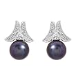 Earrings With Precious Stones - Genuine Diamonds and 8.0mm Freshwater Pearls Made in White Gold Length 15.5mm