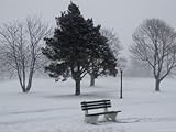 IMAGE OF Park Bench by a Snow Covered Golf Course Premium Photographic Poster Print, 18x24