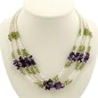 Handmade White Pearl, Amethyst & Green Peridot Necklace With Silver Beads