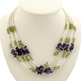 Handmade White Pearl, Amethyst & Green Peridot Necklace With Silver Beads